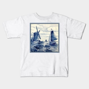 Dutch Blue Delft Windmills and Sailboat Kids T-Shirt